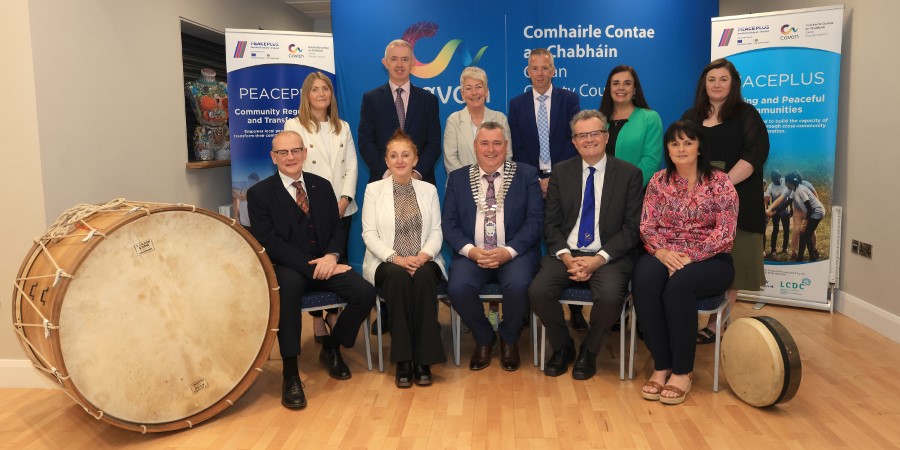 Front row (From left): Paul Beattie, Managing Authority Director SEUPB, Linda Sheridan, Assistant Principal Department of Rural and Community Development; T.P. Reilly Cathaoirleach Cavan County Council, Eoin Doyle, Chief Executive, Cavan County Council and Rosie Smith, Department of Rural and Community Development. Back row (From left): Kenda Keatley, JS Programme Officer SEUPB; Brendan Jennings, Director of Service, Cavan County Council; Jane Crudden, Peaceplus Manager, Cavan County Council; John Donohoe,  Chief Officer, Cavan County Council; Noreen Sudbury, PEACEPLUS, Cavan County Council,  Claire Johnston, Peace Manager, The Executive Office NI. Photo: Adrian Donohoe.