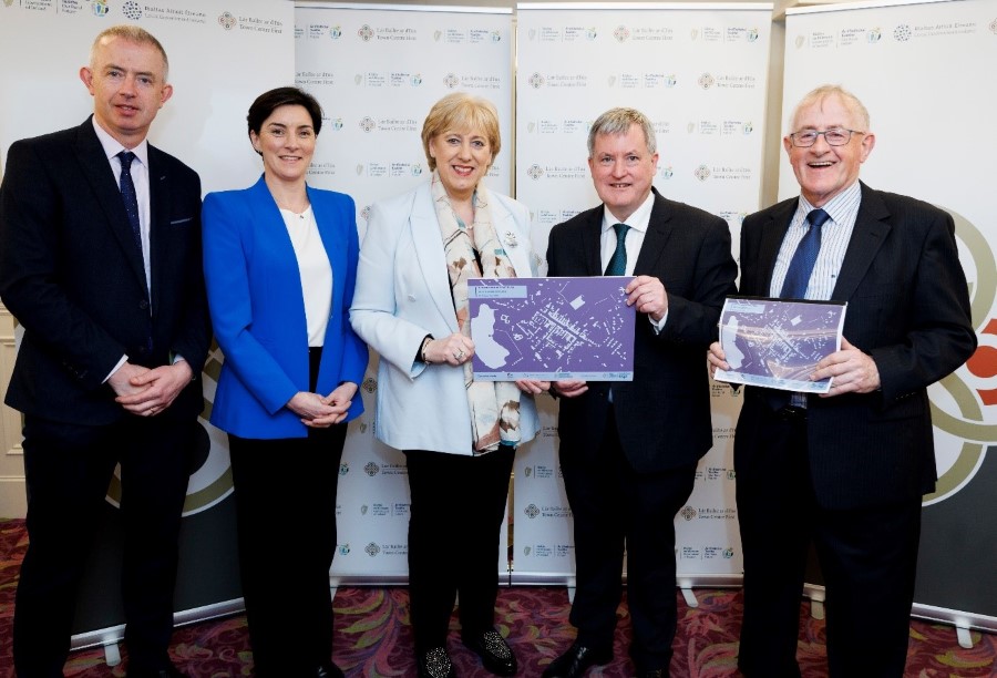 Pictured at the launch of the Town Centre First Plan for Bailieborough in Adare, Co. Limerick on 28th February 2024 are, Brendan Jennings Director of Service, Cavan County Council; Caroline Brady Town Regeneration Officer, Cavan County Council; Minister for Rural and Community Development Heather Humphreys TD; Minister of State with responsibility for Local Government and Planning, Kieran O’Donnell TD; and Jim Maguire, Bailieborough Town Team.