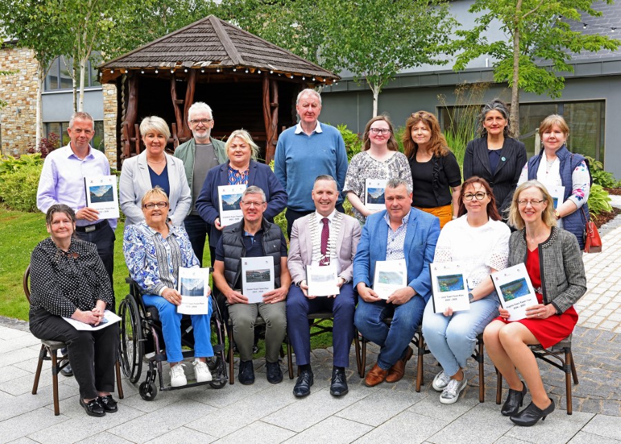 Cathaoirleach of Cavan County Council, Cllr Philip Brady joins representatives from Cavan, Cootehill, and Virginia Town Team as they launch their Town Team Plans 2023-2026 at Hotel Kilmore on Monday, 17th June. Front row (from left): Jean Kirwan, Cootehill Town Team; Bridget Boyle, Cootehill Town Team; Martin Connolly, Cavan Town Team; Cllr Philip Brady, Cathaoirleach; Cllr TP O'Reilly, Virginia Town Team; Angela Deehan, Virginia Town Team; and Tina Tully, ÓMRA. Back row (From left): John Donohoe and Bernie O'Rourke, Cavan County Council; Paul Connolly, Cavan Town Team; Cllr Carmel Brady, Cootehill Town Team; Tomás Young, Cavan Town Team; Mary Bridget Duffy, Cootehill Town Team; Rhona Creegan, Cavan Town Team; Michelle Boyle, Virginia Town Team and Bridie Sheridan, Virginia Town Team. PHOTO: Adrian Donohoe.