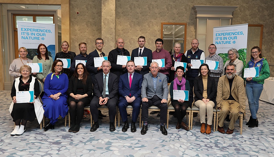 Back Row: Pauline Rodgers (Hawthorn Lodge B&B), Clarissa Beacom (Cuilcagh Lakelands Geopark), Samantha Rodgers (Hawthorn Lodge B&B), Peter Hunt (XL Blacklion & Route 16 Café), Desmond Gough (Jampa Ling), David Bailey (Blaney Caravan Park), Daniel Taylor (Slieve Russell Hotel), Pauric McGearty (Carfin Lodge and Activity Park), Lynne Maguire (Into the Wild), Barry Flanagan (Erne Water Taxi), Sean Corrigan (Marble Arch Caves), Tanya Cathcart (Fermanagh Lakeland Tourism), Aimee Fitzpatrick (Blue Green Yonder).  Front Row: Rosemary Armstrong (Arch House B&B), Tina O’Dwyer (The Tourism Space), Grainne O’Connor (Cuilcagh Lakelands Geopark), Brendan Jennings (Cavan County Council), Councillor John Paul Feeley (Cavan County Council), Councillor Alex Baird (Fermanagh & Omagh District Council), Noeleen Shannon (Noeleen Shannon Yoga), Joanne Hayes (This is Cavan), and Ian Davidson (Fermanagh & Omagh District Council).