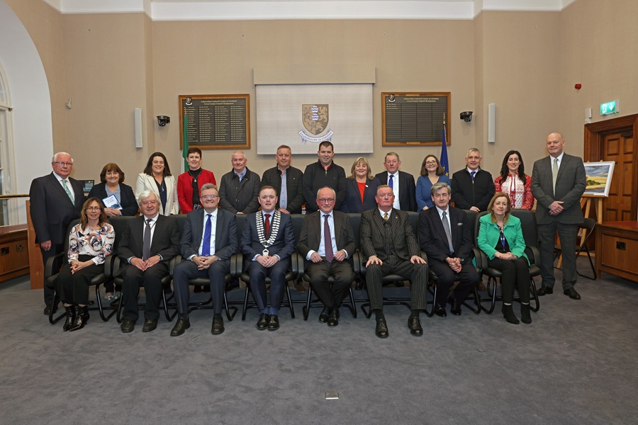 Pictured at the event marking the 200th anniversary of the opening of Cavan Courthouse are (back row, left to right) Deputy Brendan Smith, TD; Cllr Patricia Walsh; Cllr Niamh Brady; Senator Pauline Tully; Cllr Noel Connell; Cllr Damien Brady; Cllr Adrian Rogers; Cllr Carmel Brady; Cllr Winston Bennett; Angela Denning, CEO, Courts Service; Cllr Trevor Smith; Cllr Áine Smith; Senator Diarmuid Wilson. Front row, left to right: Deirdre Gilchrist, SEO Corporate Services, Cavan County Council; Joseph Smith, Country Registrar; Eoin Doyle, Chief Executive, Cavan County Council; Cllr John Paul Feeley, Cathaoirleach, Cavan County Council; The Hon. Mr. Justice Alexander Owens; Judge Brendan O’Reilly; His Honour Judge John Francis Aylmer; Fiona O’Reilly, Manager, Cavan Courts Office. PHOTOS: Adrian Donohoe.