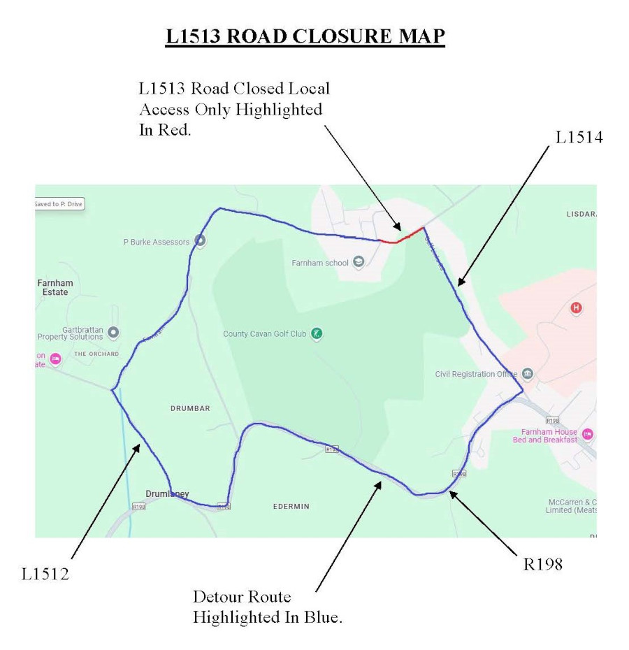 A map of the diversion route for the closure on the L-1513